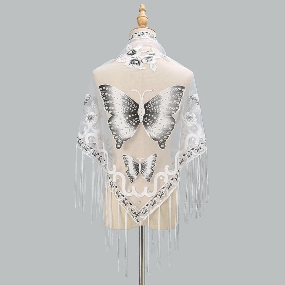 Tassel Fringe Trim - Luxuriöser Blumen-Spitzenschal mit Schmetterlings-Stickerei und Quasten