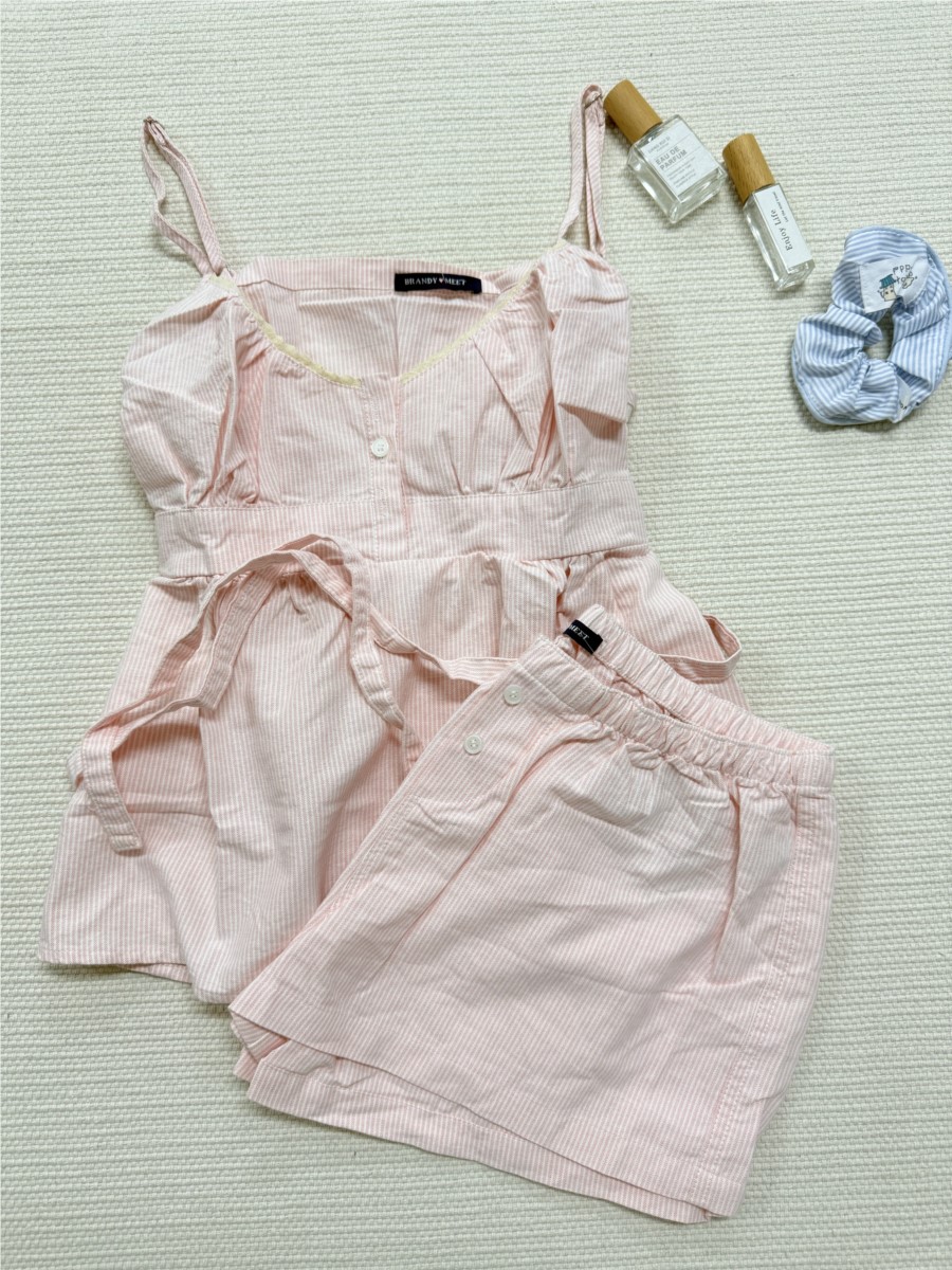Elastic Lace Trim - Rosa gestreiftes Spitzenbesatz-Tanktop-Shorts-Set für Damen –