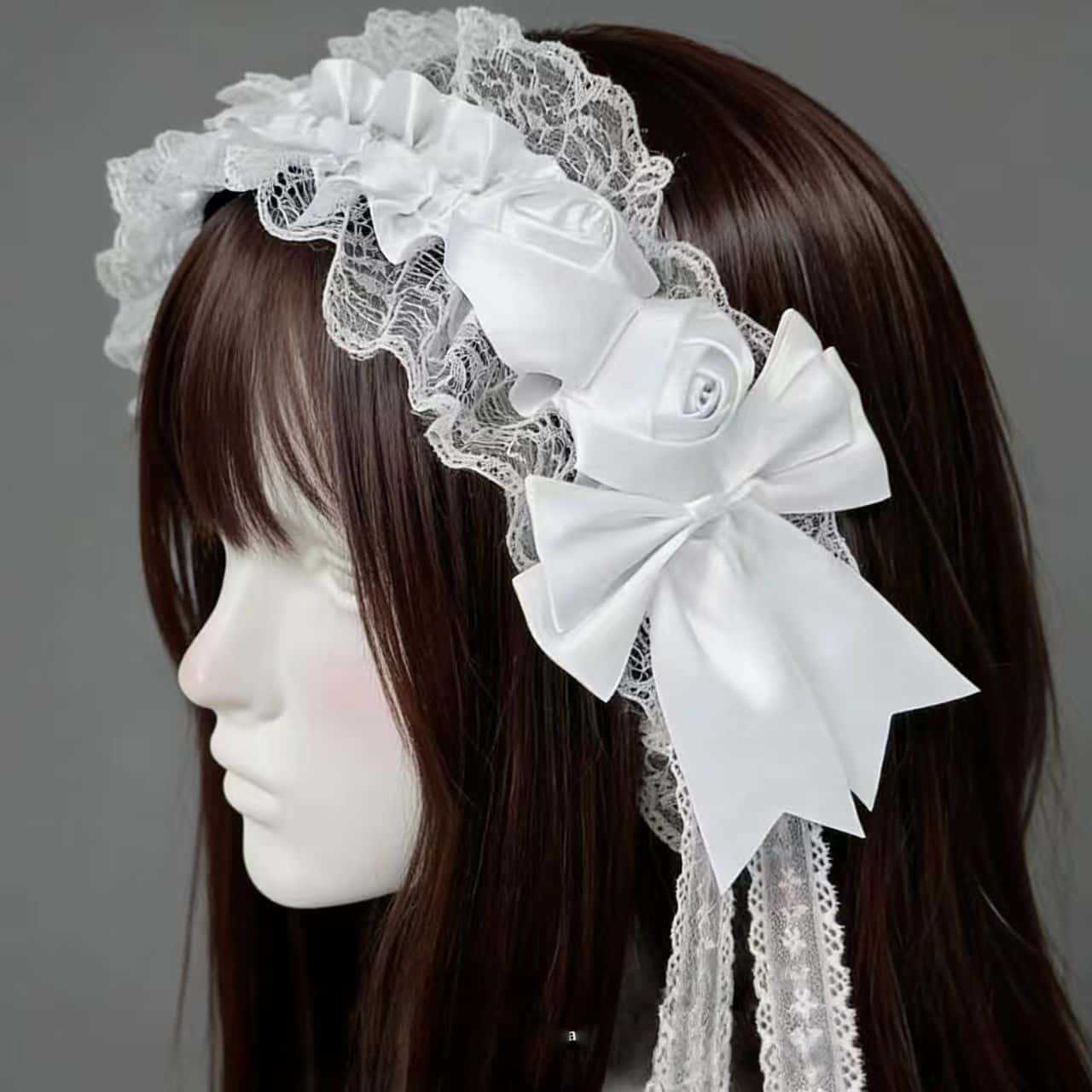Tassel Fringe Trim - Gothic-Lolita-Spitzen-Stirnbänder für Damen, doppelte schwarz-weiße Satin-Rosenblüten-Schleife