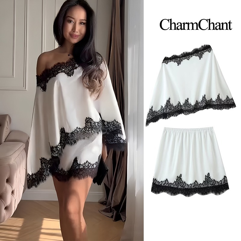 Elastic Lace Trim - CHARMCHANT Damen Satin-Spitzen-Set Zweiteilig Schulterfreier Ärmel
